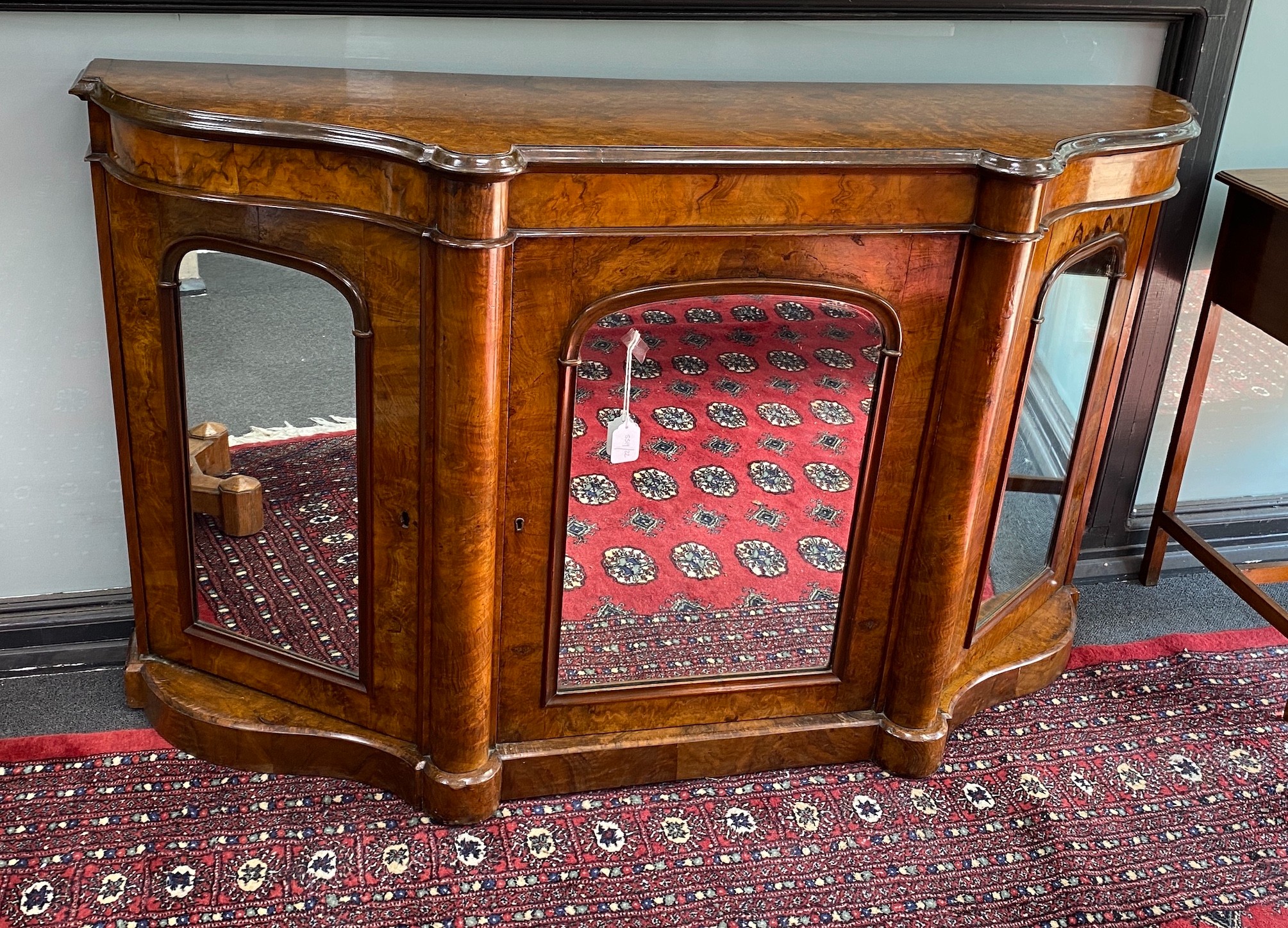 A Victorian walnut mirrored side cabinet, width 150cm, depth 45cm, height 88cm
